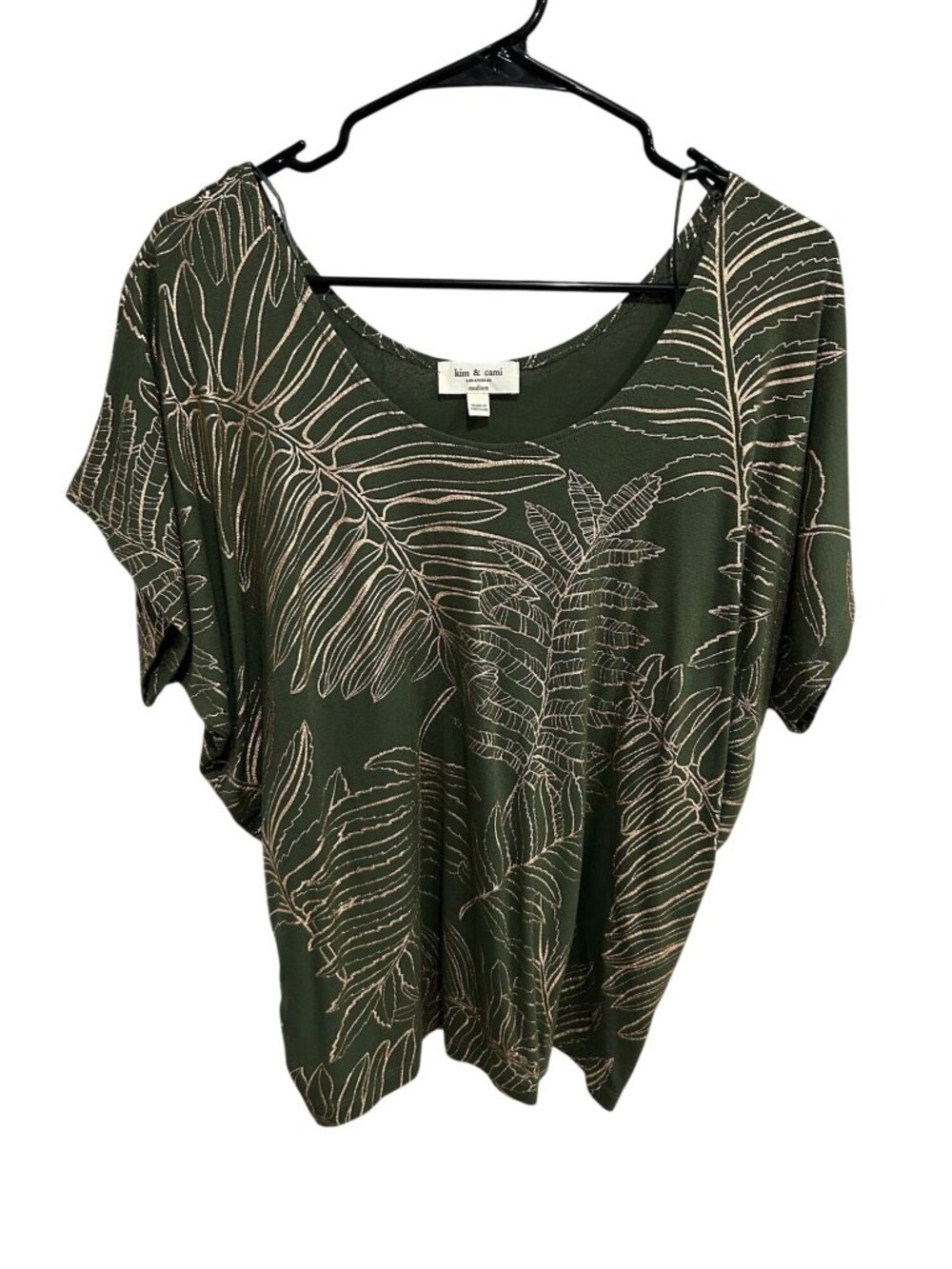 Kim & Cami Green Palm Leaf Print Scoop Dolman Sleeve Top Size M Boho Naturecore